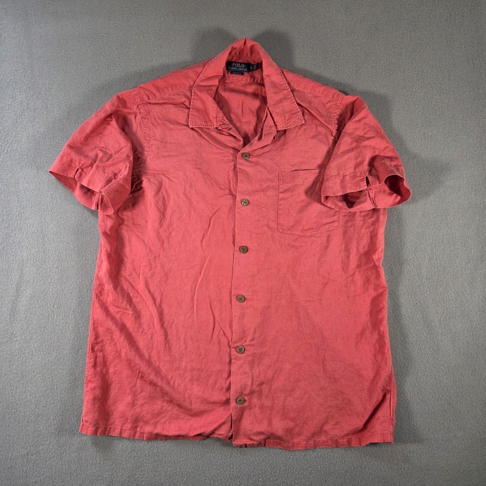 Polo Ralph Lauren Shirt Mens XL Red Linen Loop Collar Camp Beach Short Sleeve